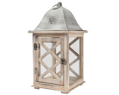 Laterne mit Henkel 21x41cm Holz Metall Glas Transparent / Natur