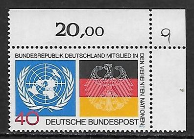 BRD postfrisch Michel-Nummer 781 rechtes oberes Eckrandstück