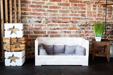 XXL Hundebett Balu weiß shabby mit Kissen 115x54x40,5cm Kistenbett Hundesofa Hunde