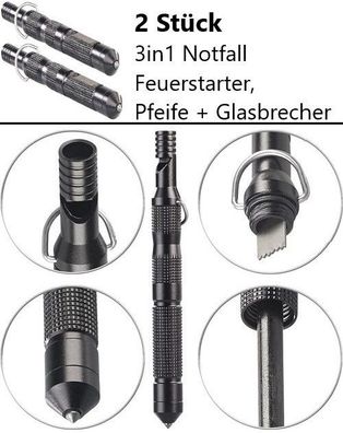 NEU 2er Set 3in1 Feuerstarter Notfall Pfeife Glasbrecher Alu für Verteidigung