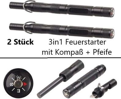 NEU 2er Set 3in1 Feuerstarter Kompass Notfall Pfeife für Camping Outdoor Angeln