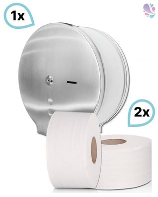 SET: 1x Jumbo-Toilettenpapierspender Edelstahl matt + 2 Jumborollen-Toilettenpapier 3