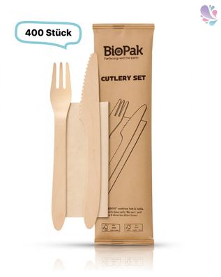 SET: Holzbesteckset Premium Messer und Gabel inkl. Serviette Einwegbesteck, 400 Stk,