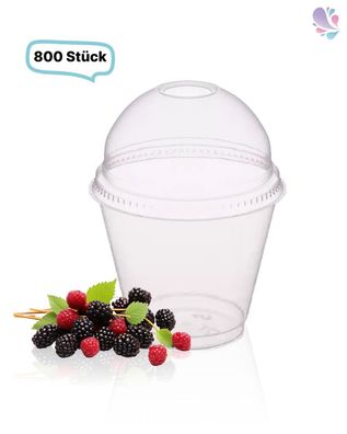 SET: Smoothie Cups 225ml + Deckel mit Loch - 800 Stück, transparentes recyceltes PET