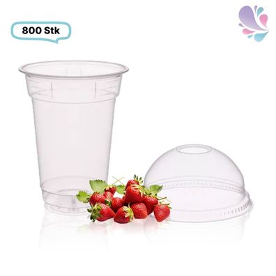 SET: Smoothie Cups 300ml + Deckel mit Loch - 800 Stück, transparentes recyceltes PET