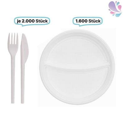 SET: Menüteller & Besteck, Mehrwegbesteck, 1600x Teller & 2000x Besteck, weiß, robust