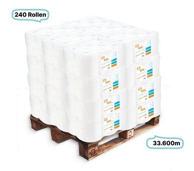 Großmenge Handtuchrollen, 2-lagig, 240 Rollen, 33600m gesamt, 140m je Rolle, 100% Zel