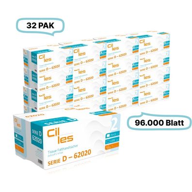 Falthandtücher 25x23cm, 2-lg, 32 Pak, 96.000 Blatt gesamt, 3.000 Blatt/ Pak, 100% Zel