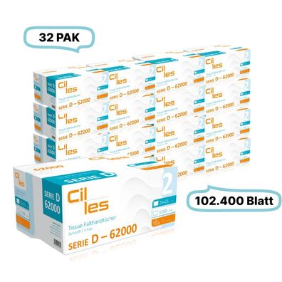 Falthandtücher 25x21cm, 2-lg, 32 Pak, 102.400 Blatt gesamt, 3.200 Blatt/ Pak, 100% Ze