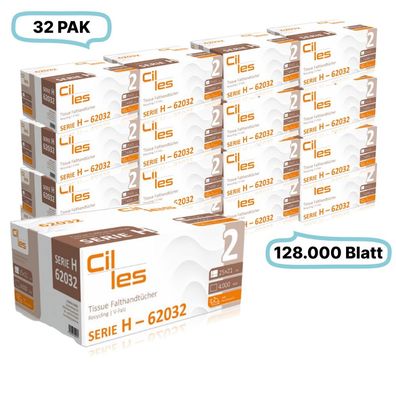 Falthandtücher 25x21cm, 2-lg, 32 Pak, 128.000 Blatt gesamt, 4.000 Blatt/ Pak, Recycli