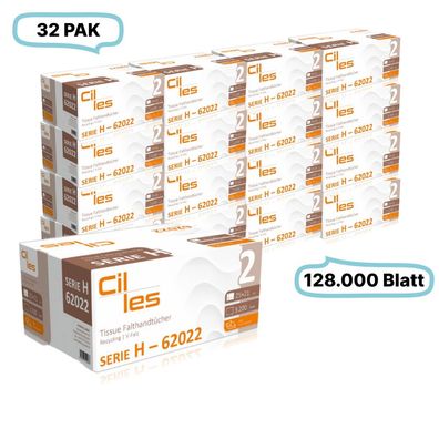 Falthandtücher 25x21cm, 2-lg, 32 Pak, 102.400 Blatt gesamt, 3.200 Blatt/ Pak, Recycli