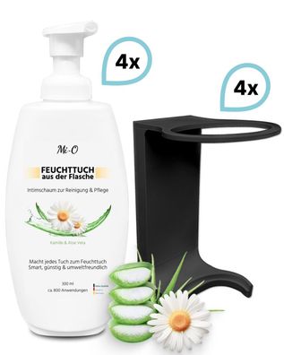 SET: Feuchttuch aus der Flasche 4x300 ml + 4x Wandhalterung schwarz, Intim Reinigungs