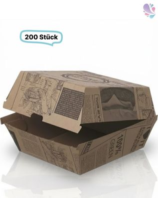 Hamburger-Box Wellpappe, 200 Stück, to go, take away, Newspaper- Designe, recyclebar,