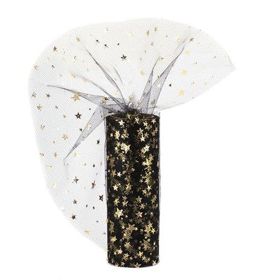 Tüll Stoff Rolle 9m x 15cm Sterne, schwarz / gold