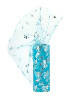 Tüll Stoff Rolle mit Schneeflocken 15cm x 9m Türkis / Silber
