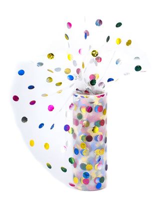 Tüll Stoff Rolle mit Punkten 15cm x 9m Weiß / Bunt Regenbogen