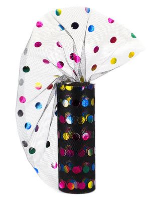 Tüll Stoff Rolle 9m x 15cm Punkte, schwarz / bunt Regenbogen
