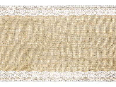Tischläufer Jute mit Spitze 28cm x 2.75m Rolle natur braun / weiß