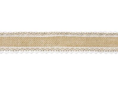 Juteband mit weißer Spitze 5cm x 5m Rolle natur braun weiß