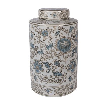 Clayre & Eef Vase mit Deckel Ø 18x30 cm Weiß Blau Keramik (Gr. Ø 18x30 cm)