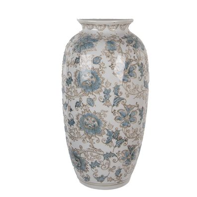 Clayre & Eef Vase 19x10x38 cm Weiß Blau Keramik (Gr. 19x10x38 cm)