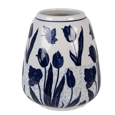 Clayre & Eef Vase Ø 16x18 cm Weiß Blau Keramik (Gr. Ø 16x18 cm)