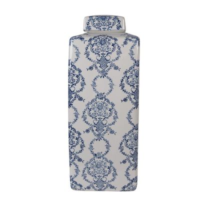 Clayre & Eef Vase mit Deckel 16x16x41 cm Weiß Blau Keramik (Gr. 16x16x41 cm)