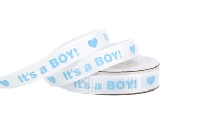 Geschenkband Baby / Its a Boy 12mm x 10m Rolle weiß / blau