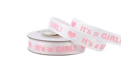 Geschenkband Baby / Its a Girl 12mm x 10m Rolle weiß / rosa