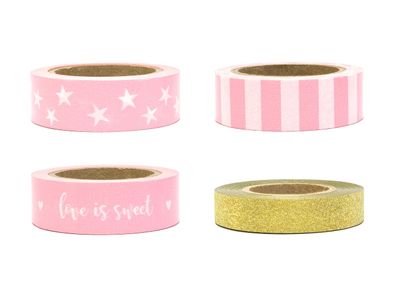 Washi Tape 10-15mm x 10m Sternen Streifen Glitzer rosa gold 4er Set