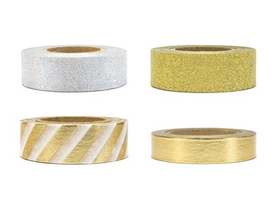 Washi Tape 10-15mm x 10m mit Glitzer 4er Set gold silber