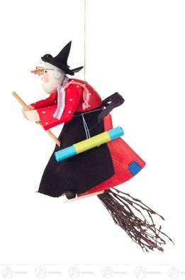 Schnitzerei Hexe mit Rabe auf Besen, geschnitzt, zum Hängen BxHxT 7cmx24 cmx9 cm