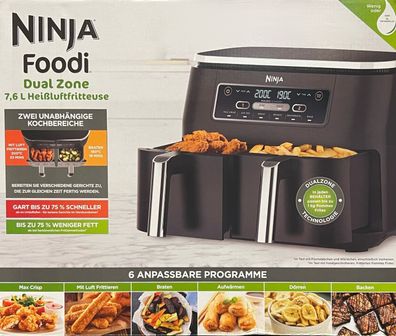 Ninja AF300EU Foodi Dual Zone Heißluftfritteuse, 7,8 l Fassungsvermögen, 2 Fächer,