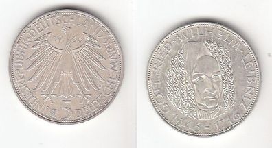 5 Mark Silber Münze Deutschland Gottfried Wilhelm Leibniz 1966 D (112688)