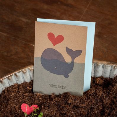 Grußkarte â€?Alles Liebeâ€? â€? Pflanzbare Karte mit Wal-Motiv & Blumensamen â€? DIN
