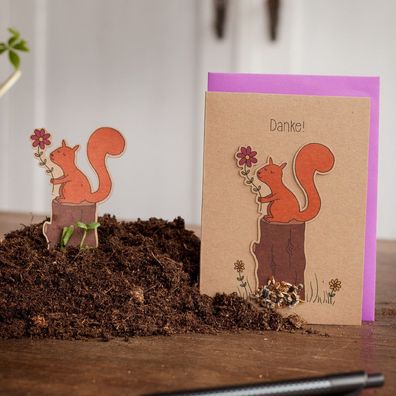 Dankeskarte â€?Eichhörnchenâ€? â€? Pflanzbare Karte mit Saatstecker & Blumensamen â€?