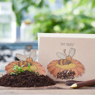 Grußkarte â€?Bee happyâ€? â€? Pflanzbare Karte mit Saatstecker & Blumensamen â€? DIN