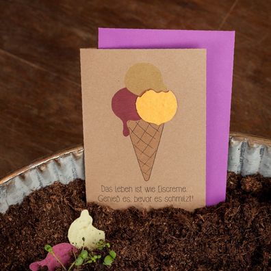 Grußkarte â€?Das Leben ist wie Eiscremeâ€? â€? Pflanzbare Karte aus Saatpapier mit Wi