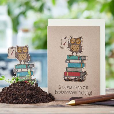 Grußkarte â€?Bestandene Préfungâ€? â€? nachhaltige Saatpapier Karte mit Saatstecker â