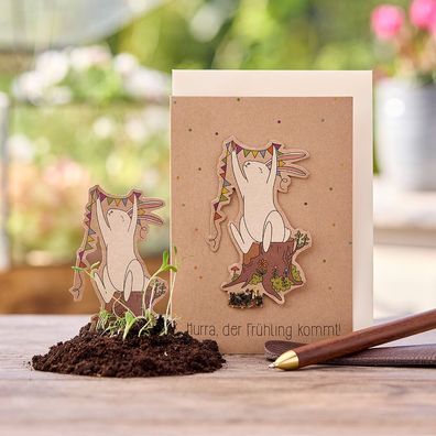 Osterkarte â€?Hurra, der Fréhling kommtâ€? â€? Pflanzbare Grußkarte DIN A6 inkl. Umsc