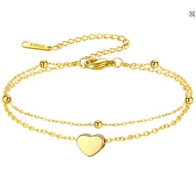 Fußkette Edelstahl Damen-Fußkettchen mit Herz-Anhänger in Gold - Optik