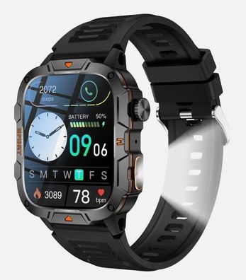 Smartwatch 1,96 Zoll LED Taschenlampe SOS BT IP68 Fitness uhren Herren Outdoor Q