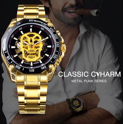 Luminous Design Herren Automati Luxus Schädel Design Schwarz Golden