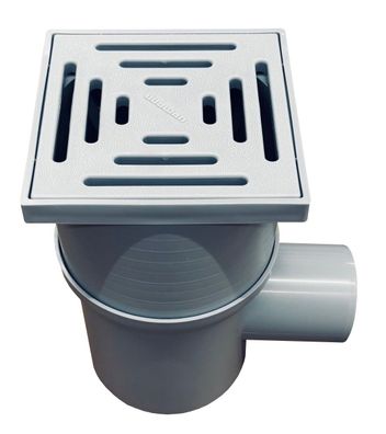 Kellerablauf 15 x 15 cm mit Aufsatzrahmen Abgang waagerecht DN 75, Kunststoffrost