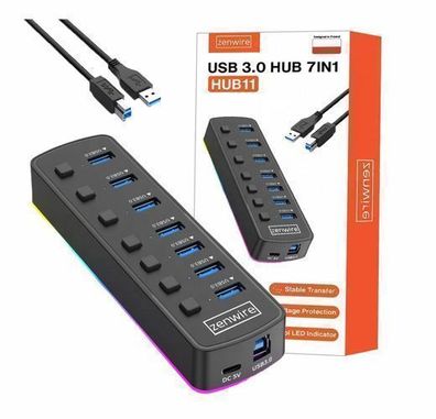 HUB 7x USB 3.0 Aktiver 7-in-1-Port-Splitter USB-C-Splitter RGB-LED 5 GB Zenwire HUB11