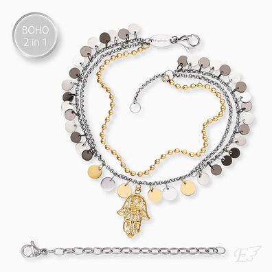 Engelsrufer Duo 2 in 1: Armband Fusskettchen Edelstahl BOHO Hand Fatimas Bicolor