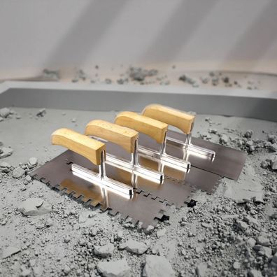 Zahnkelle aus Edelstahl - Fliesen-Zahnspachtel mit Gummi / Holz Griff - Glätte