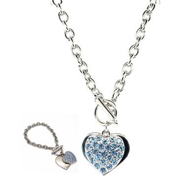 SIMO Schmuckset Collier + Armband rhodiniert Herz Kristallsteine safirblau nickelfrei