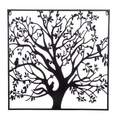 Gilde Wandrelief, quadratisch, "Vogelbaum", Baummotiv, Vogelmotiv, Metall, schwarz