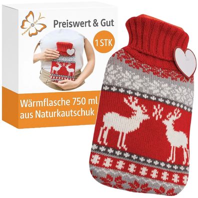 Wärmflasche 750 ml Naturkautschuk mit Bezug - Zickzack Design, weich & kuschelig